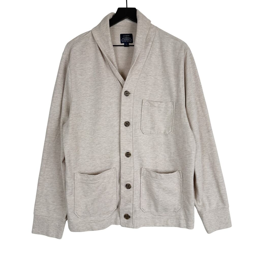 J.Crew Mens Authentic Fleece Cardigan Sweater Beige Taupe - L